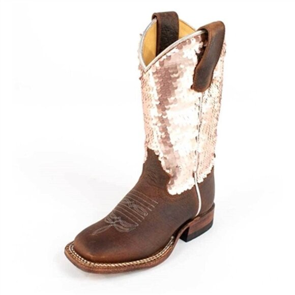 Macie Bean Distressed Leather Bison Sparkle Pink Sequin Western Cowgirl Boots - Picture 1 of 11